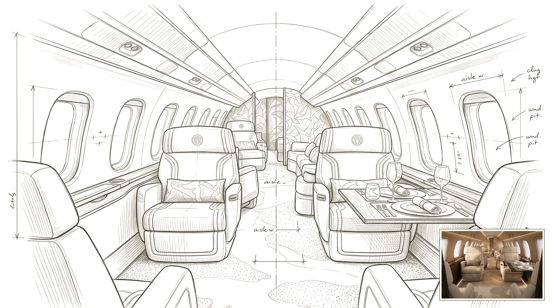 Delft blue measured architectural sketch of a luxury private jet cabin