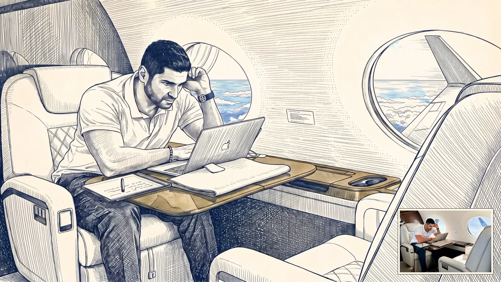 Archival pen sketch of Paul Jebely working on a laptop aboard a private jet in flight